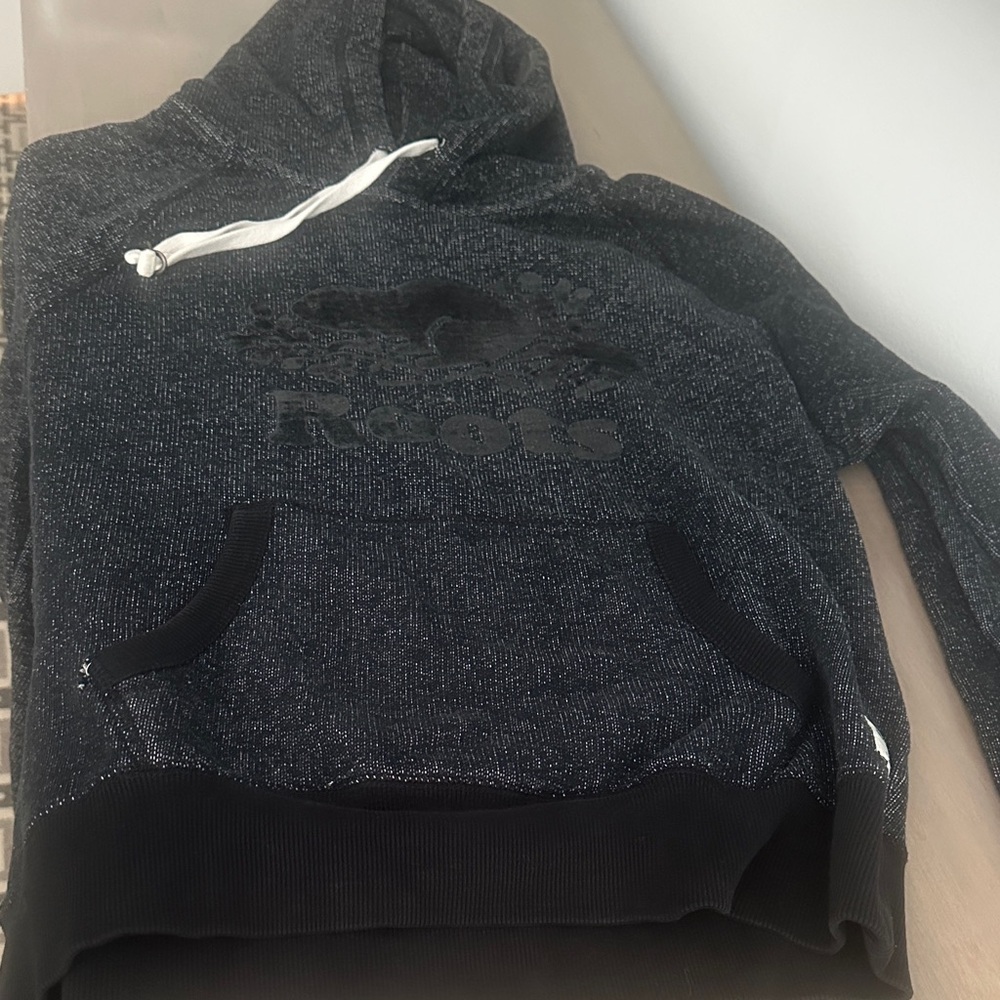 Roots Men's Black Heather Crewneck Hoodie with White Drawcord